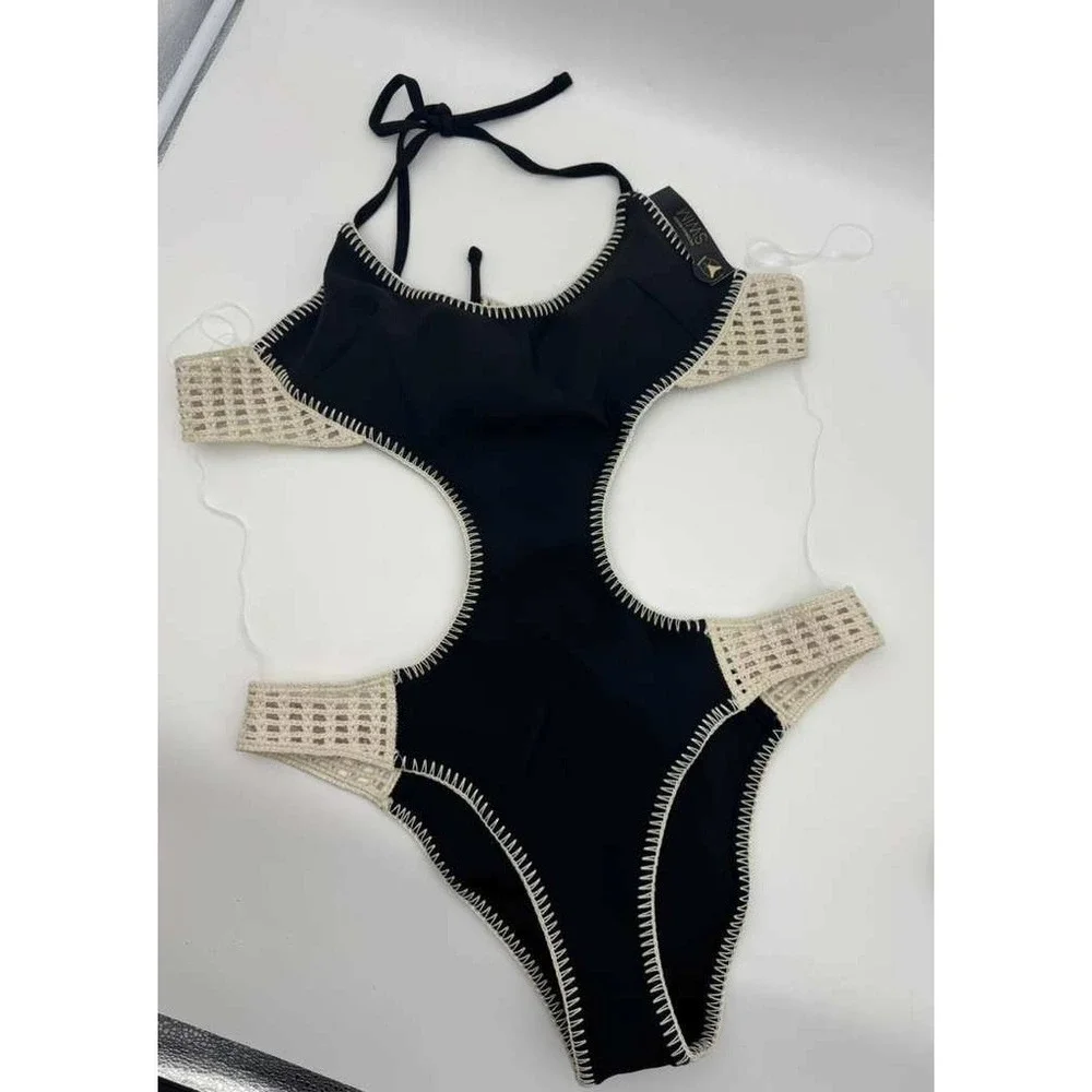 Victoria's Secret One Piece Swimsuit Black Crochet Cut Out Size L NWT Monokini S